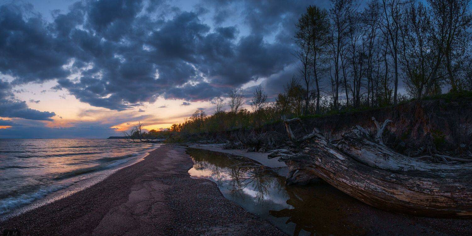 панорама, закат, море, пляж, деревья, тучи, вечер, весна, апрель, evening, after, sunset, gloomy, beach, trees, sea, panorama, I'M