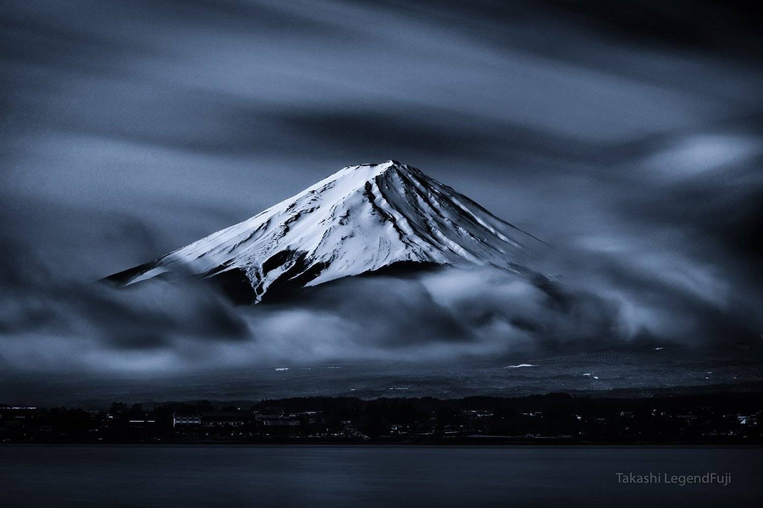 fuji,japan,mountain,lake,water,clouds,windy,snow,dance,blue,sky, Takashi
