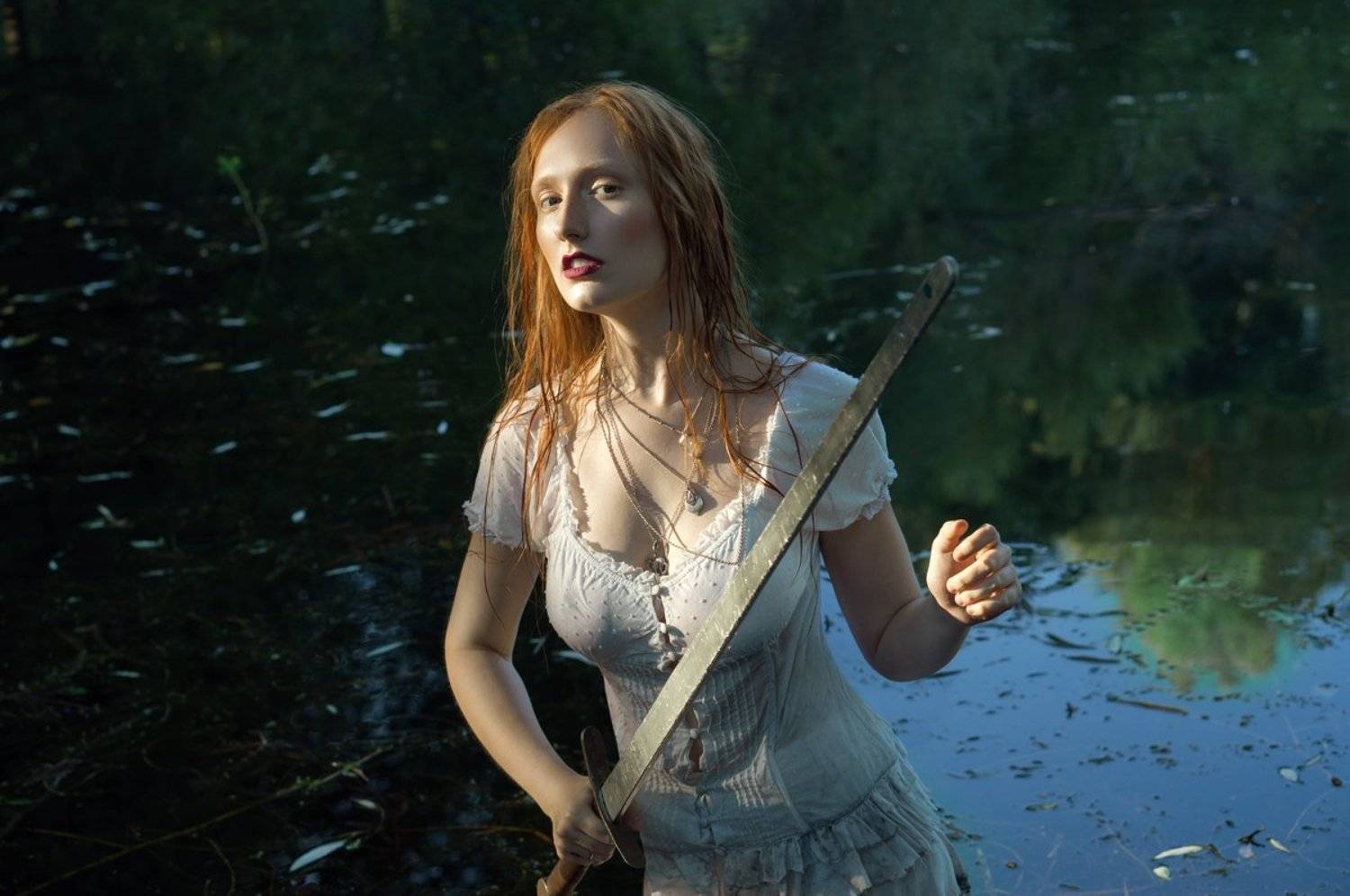 forest, lady, portrait, fairytraile, ginger, summer, beauty, white, dress, water, Наташа Янкелевич