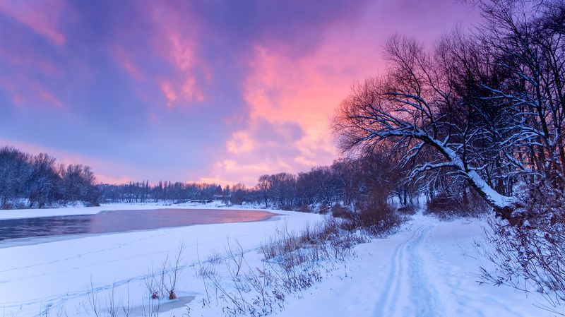 пейзаж,зима,закат,небо,река,природа,nature,landscape,snow,frost,sunset Пожар в небе фото превью