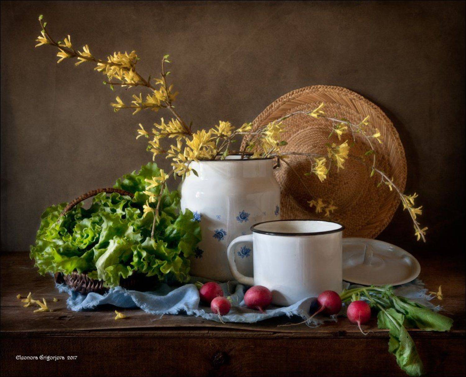форзиция, весна, зелень, свежая, редиска, салат, бидон, кружка, натюрморт, соломенная, шляпка, корзинка, Eleonora Grigorjeva