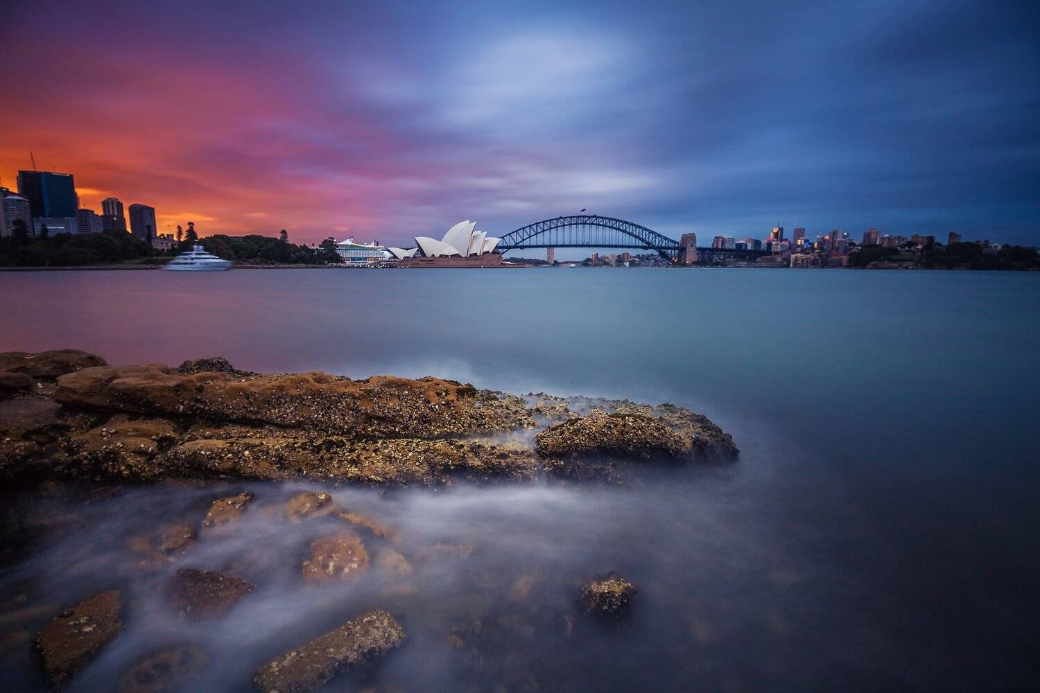 harbour bridge, opera house, sydney, sky, sunset, clouds, sea, long exposure, moody, Derek Zhang