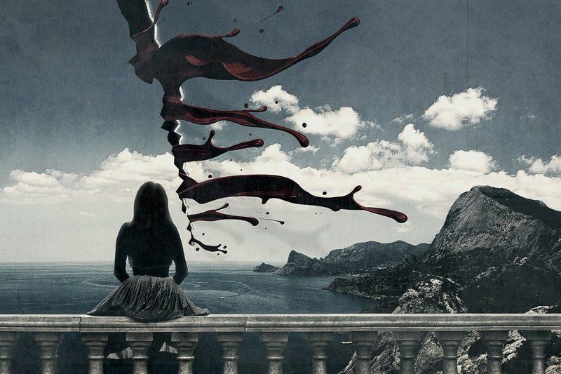 коллаж, кровь, перила, горы, небо Bleeding of reality фото превью