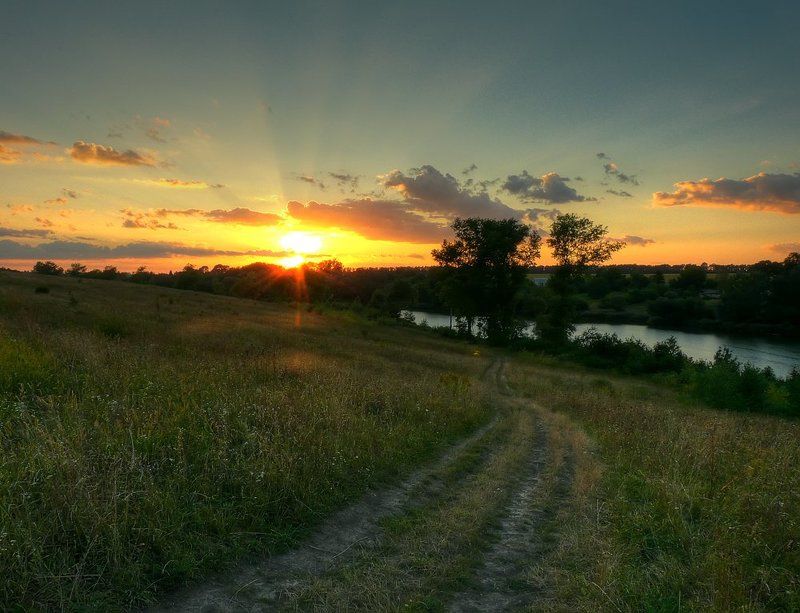 пейзаж, закат, дорога, пруд, деревья  фото превью