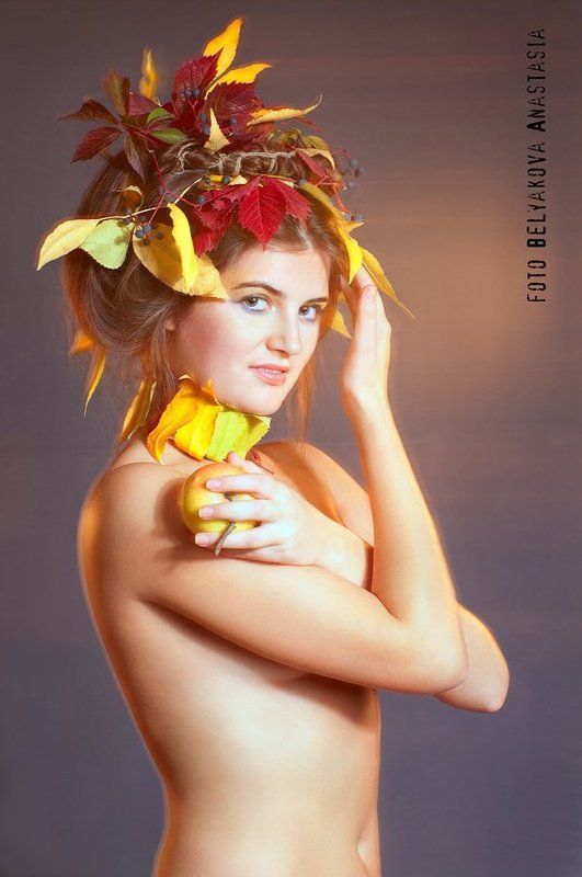 листья, осень, урожай, яблоко, девушка *** фото превью