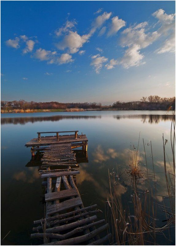 мостик, озеро, штиль, облака *** фото превью