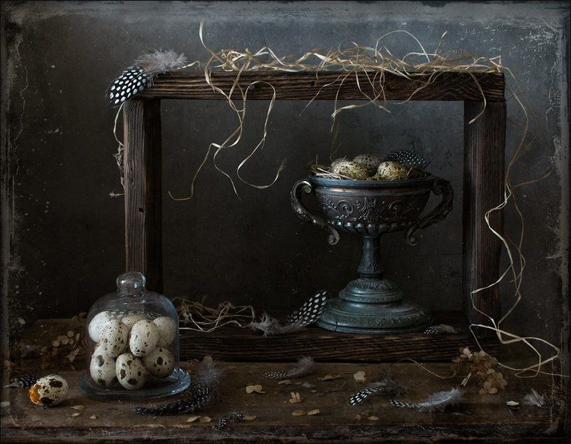 натюрморт , перепелиные перья, гнездо, яйцо Перепелино-гнездовой 3 фото превью