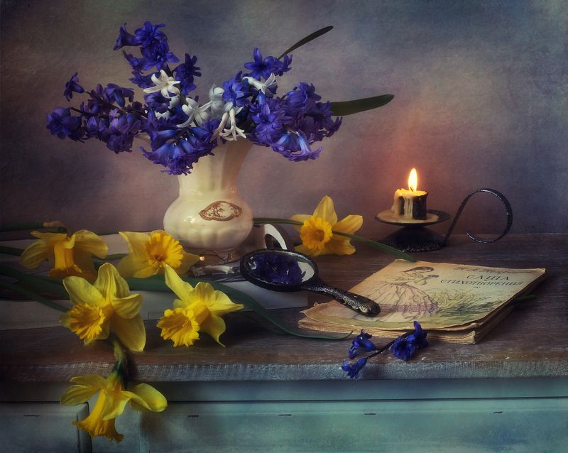 цветы, книга, свеча, вечер, свет, Вечерний.. фото превью