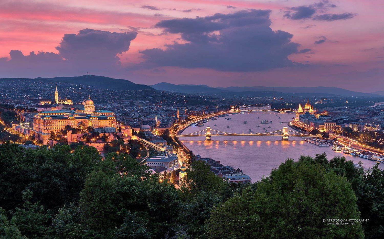 budapest, hungary, buda castle, szechenyi bridge, parliament, sunset, cityscape, city lights, Andrey Trifonov