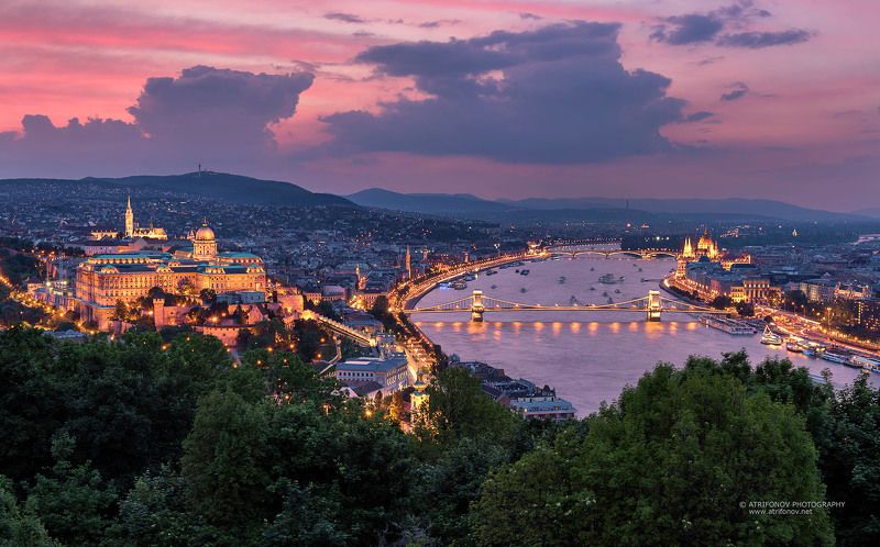 budapest, hungary, buda castle, szechenyi bridge, parliament, sunset, cityscape, city lights Budapest фото превью
