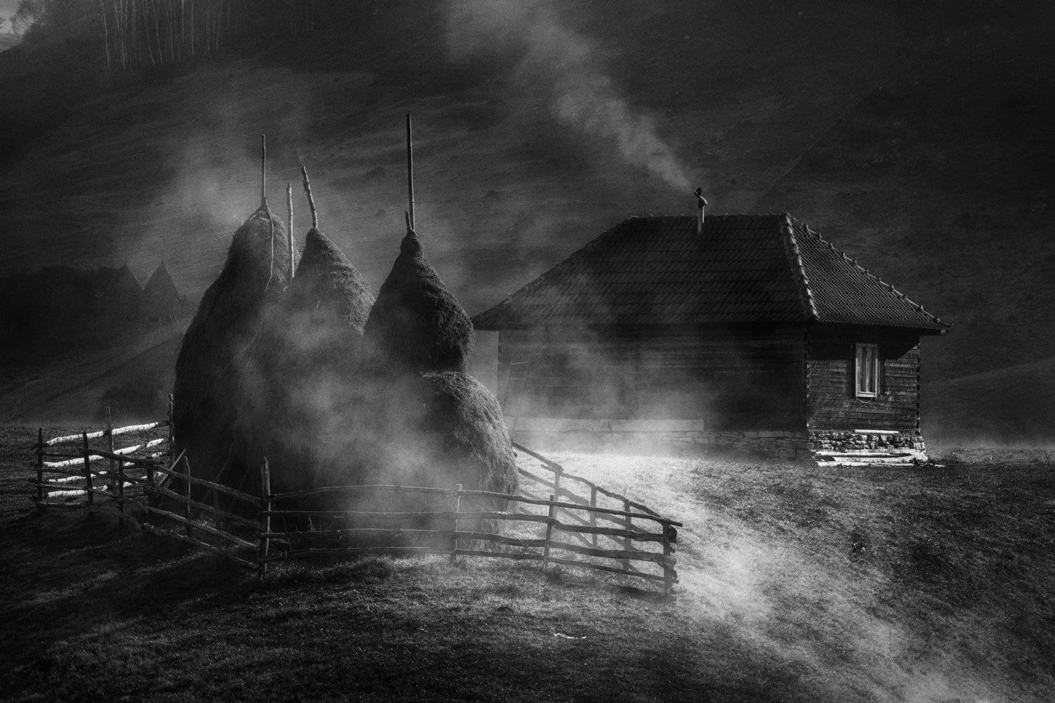 landscape, mountain, light, nature, пейзаж, природа, горы, rural, idyll, village,home, sunrise, black&white, Genadi Dochev