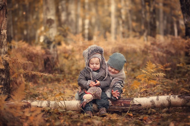 дети, лес, осень, брат, сестра, прогулка, тонировка Грибочки фото превью