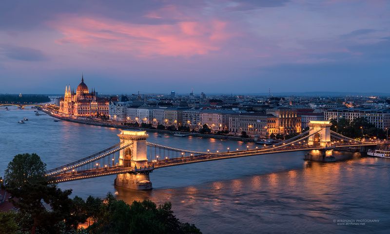 Budapest, Szechenyi, chain bridge, Parliament, Hungary, Danube, river, cityscape, sunset Budapest by night фото превью