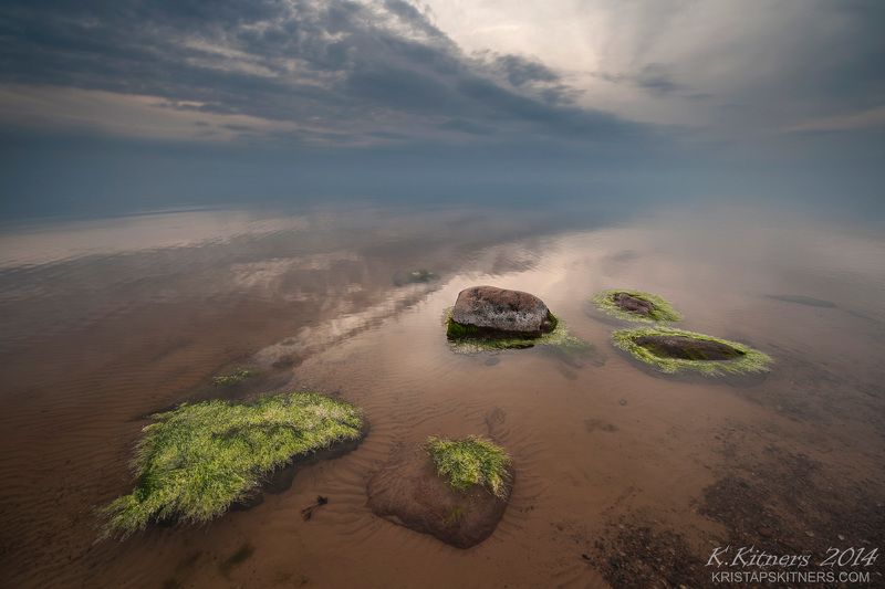 sea seascape water grass fog sky clouds stone reflection sunset evening latvia The Hairy Stones фото превью