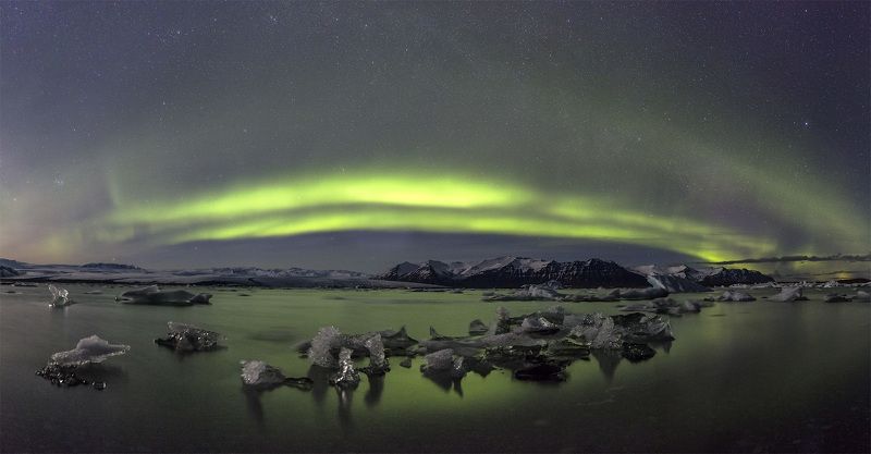 jokulsarlon iceland northern lights Jokulsarlon lagoon & northern lights (panorama) фото превью
