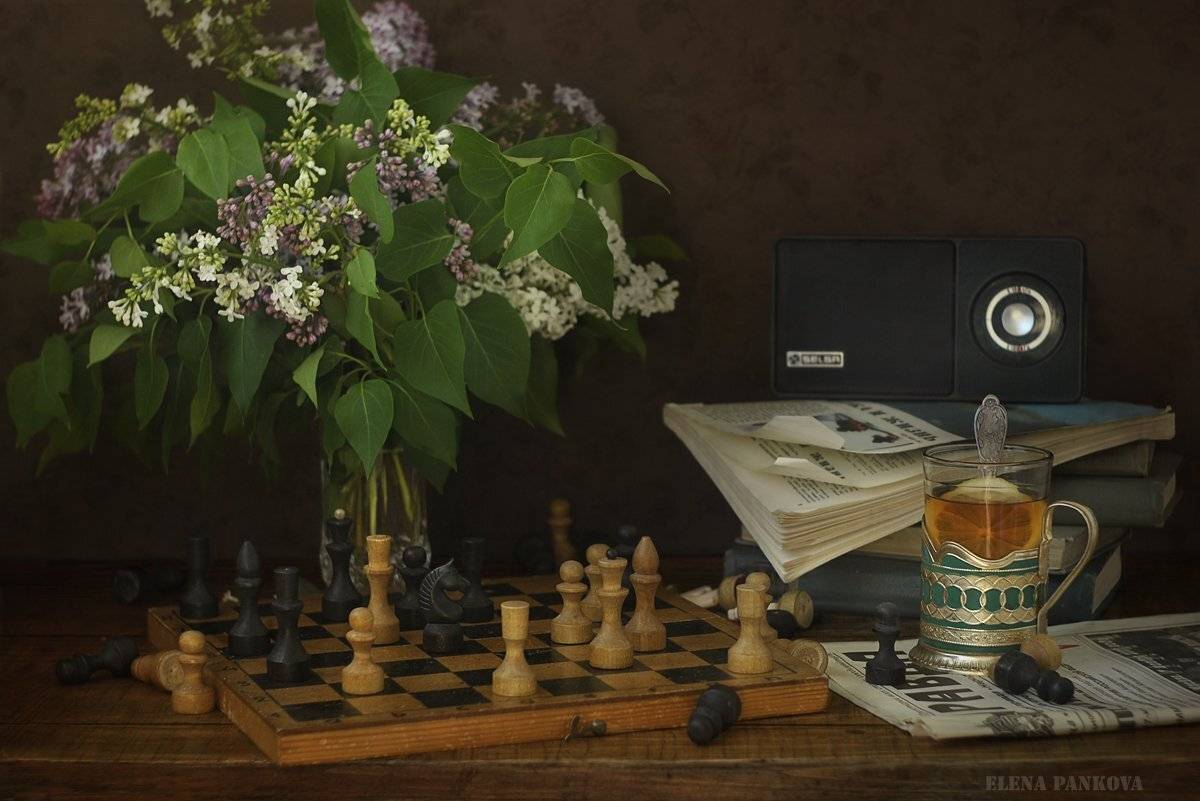 ретро, винтаж, сирень, шахматы, книги, Elena Pankova