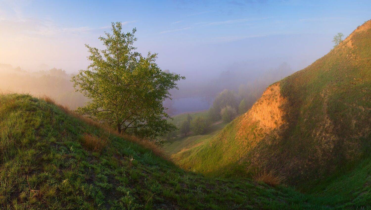 рассвет, fog, light, morning, panorama, river, spring, sunrise, весна, май, панорама, Псел, река, свет, туман, Утро, холмы, Misty, may, foggy, Psel, I'M