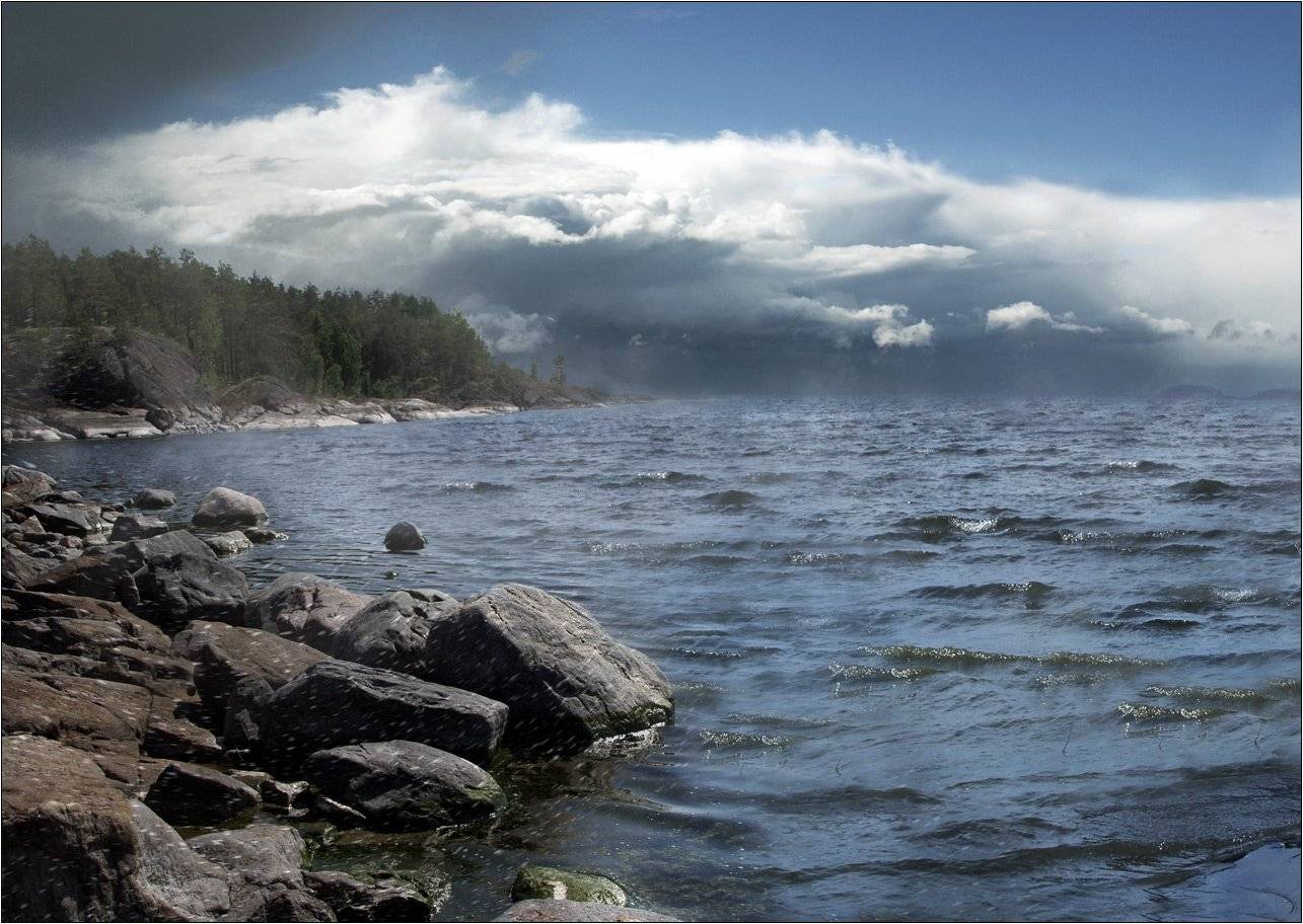 ладога туча волна дождь прибой озеро гроза ветер скалы, Boris Bort