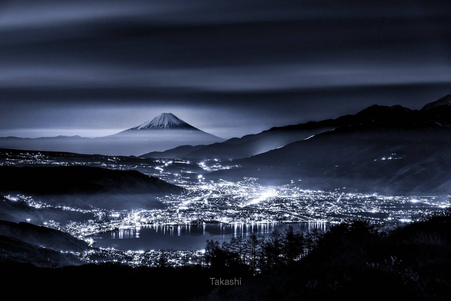 fuji,mountain,Japan,night,lights,clouds,lake,water,, Takashi