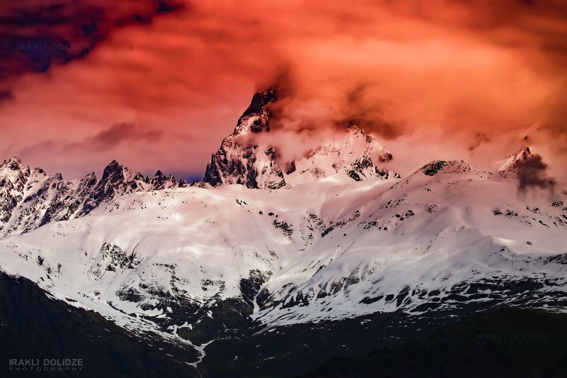 mountain, snow, winter, sunrise, clouds, Ushba, Georgia, landscape, outdoor, red,  Hidden Ushba фото превью
