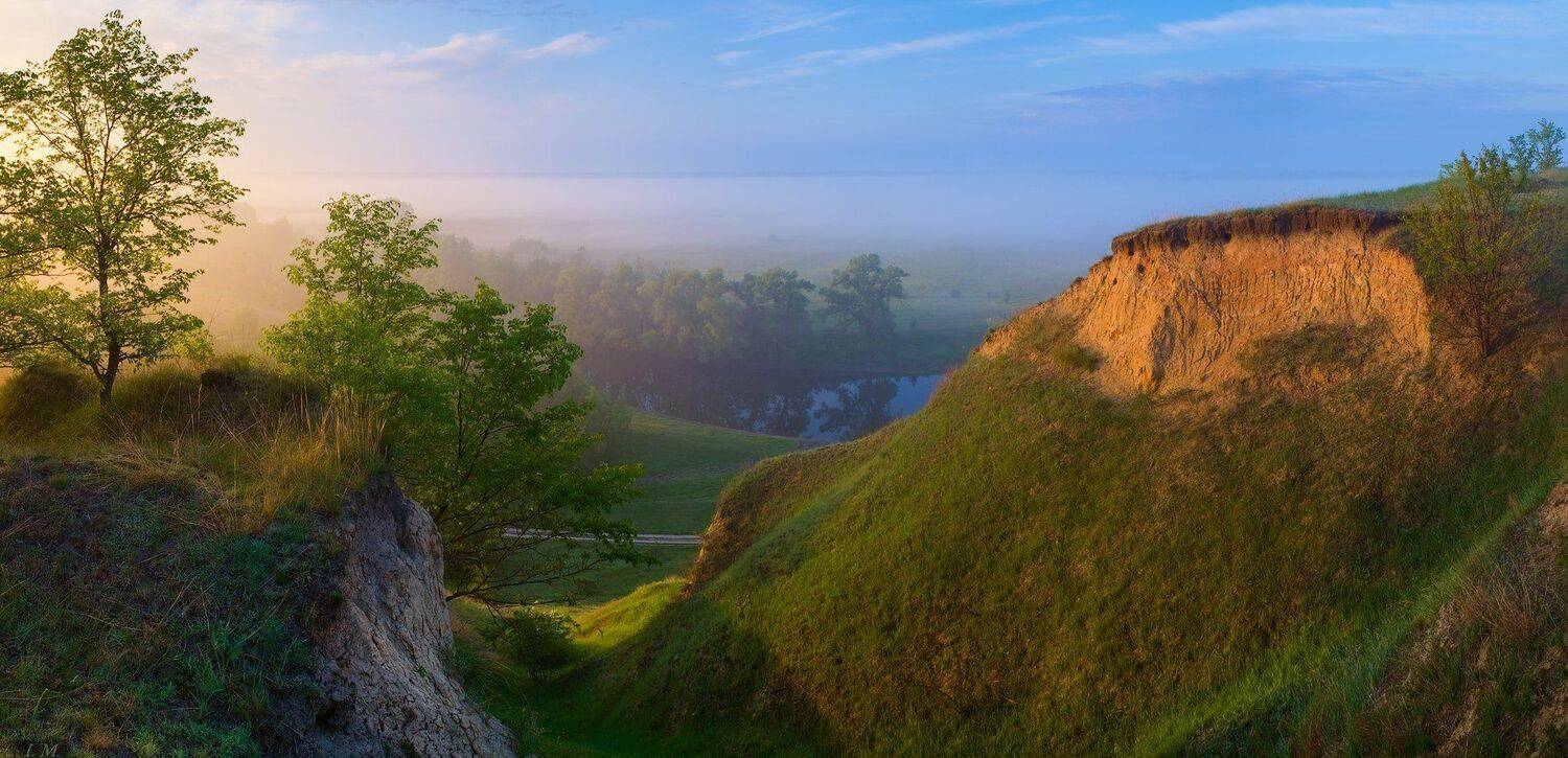 Утро, туман, река, Псел, весна, май, рассвет, панорама, речные террасы, sunrise, may, spring, panorama, Psel, river, fog, light, wide angle, landscape photography, terraces, view, hills, morning, , I'M