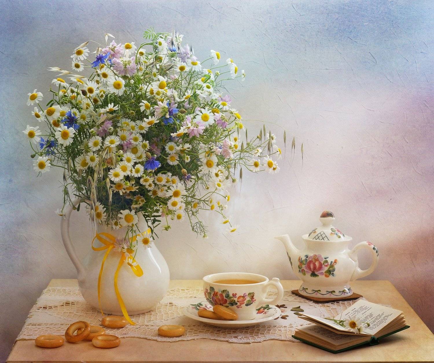 цветы, лето, букет, еда,ромашки, утро, Айснер Юлия