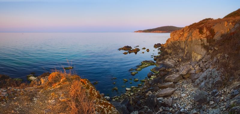 autumn, Bulgaria, evening, sea, sunset, Болгария, вечер, закат, залив, море, осень, свет, сентябрь, скалы, Черное море, black sea, rocks, Arkutino, Аркутино, wide angle, september, panorama Штиль фото превью