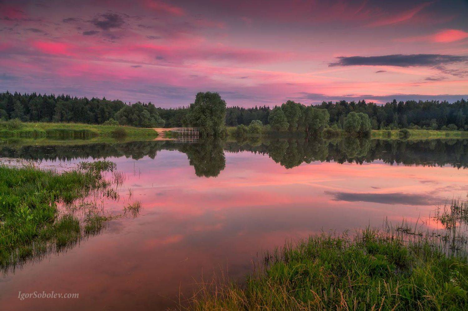 закат, озеро, пейзаж, отражение, небо, трава, облака, Соболев Игорь