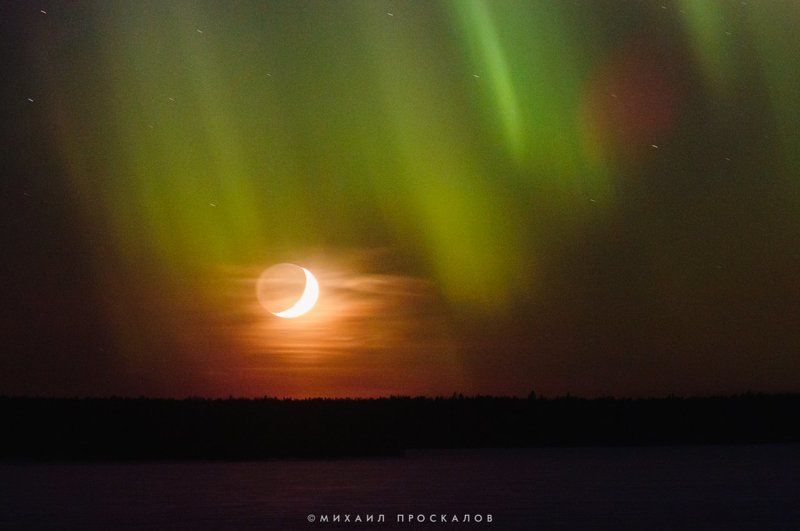 сияние, северное сияние, луна, карелия, звезды Закат луна под северным сиянием фото превью