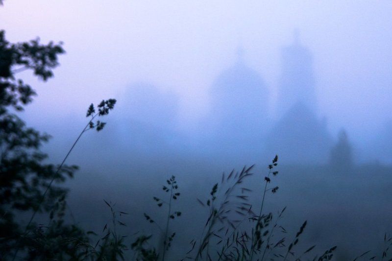 Тверская область, утро, туман, силуэт, трава, церковь Утро туманное фото превью
