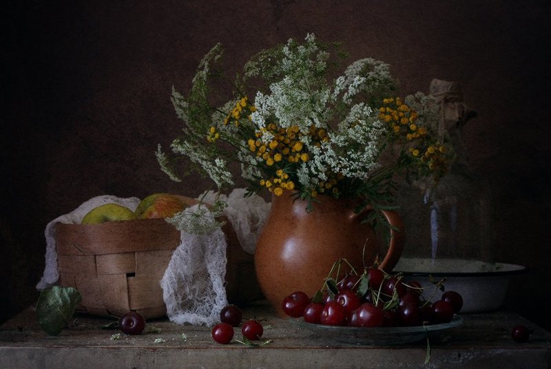 пижма, вишня,кувшин, корзина С вишней... фото превью