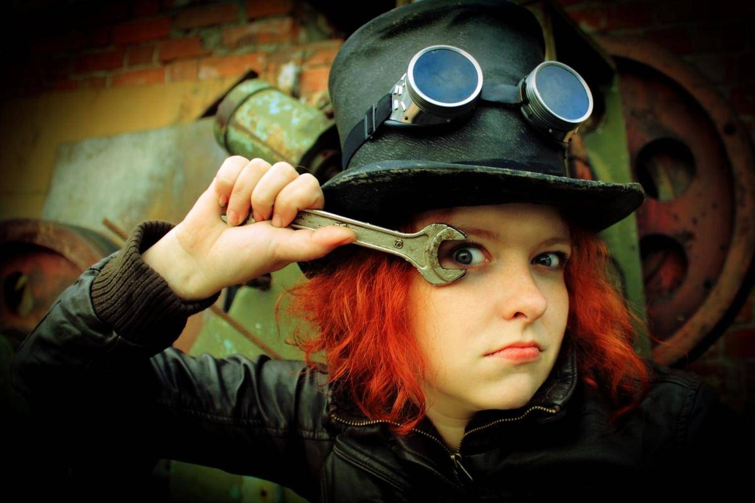 стимпанк, девушка, цилиндр, город, рыжий, Любовь Афоничева