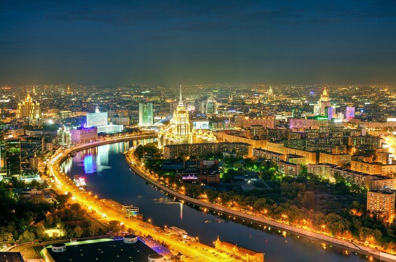 город, москва, ночь, река, высотки  фото превью
