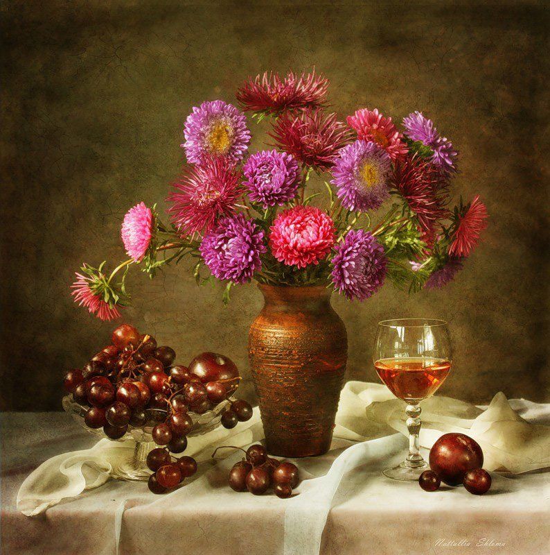 цветы , астры, фрукты С астрами фото превью