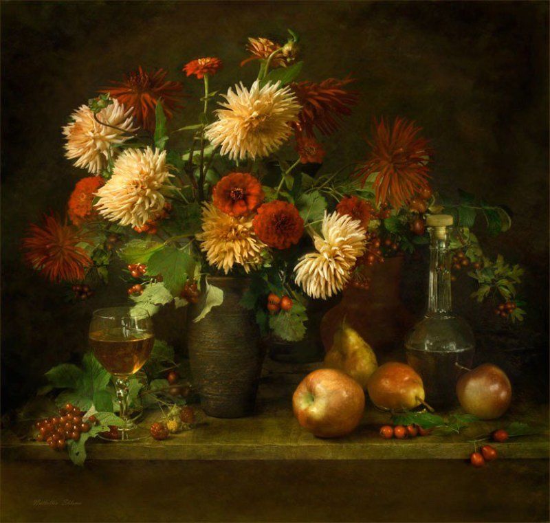 цветы , фрукты С георгинами фото превью