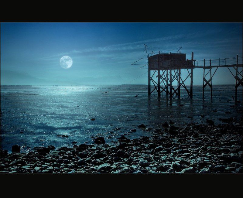 луна, море, рыбацкий домик, ночь Moonshine фото превью