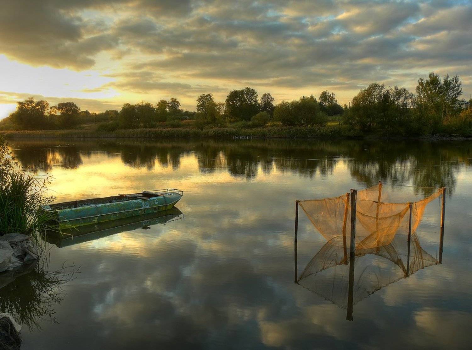 пейзаж, пруд, лодка, сетка, облака, DAN