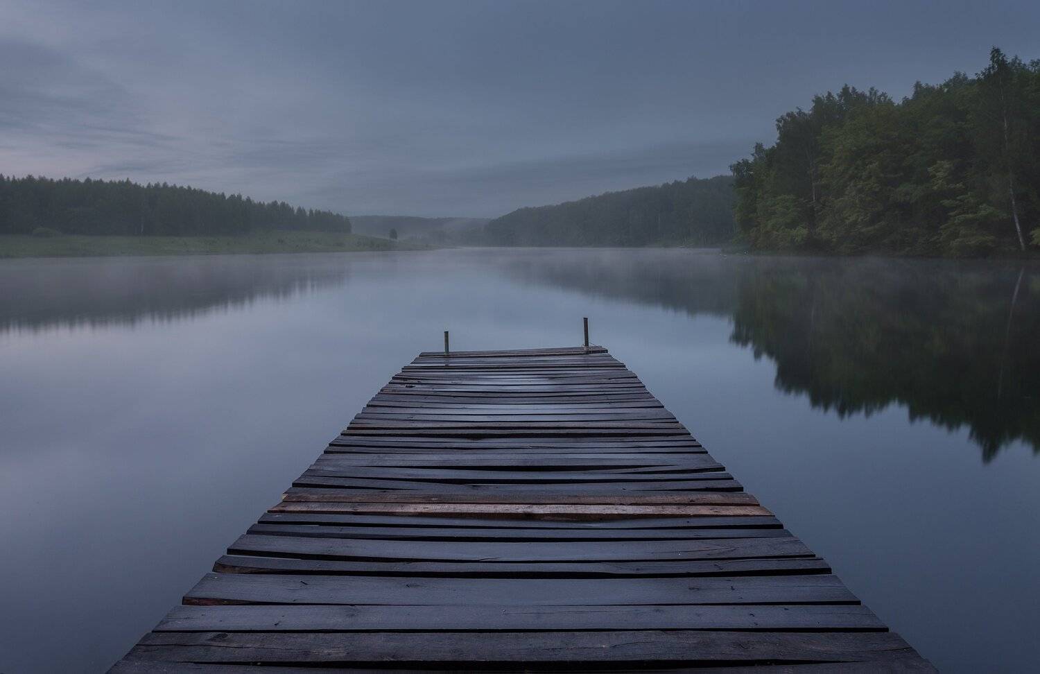 Озеро, пирс, утро, рассвет, лес, облака, вода, Павел Попов