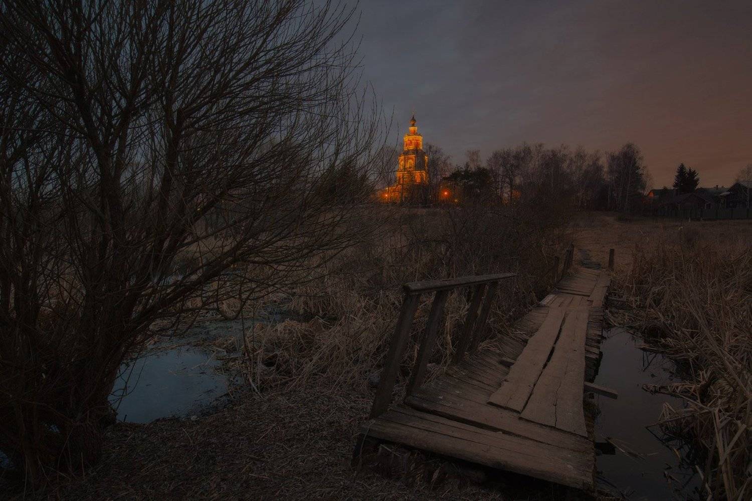 вечер, храм, мостик, дорожка, закат, Виктор Климкин