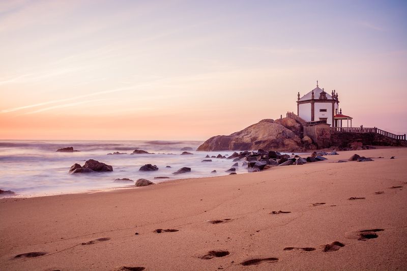 Chapel, Seascape, color, Fog, sunset, Architecture, old, water Chapel of Senhor da Pedra фото превью