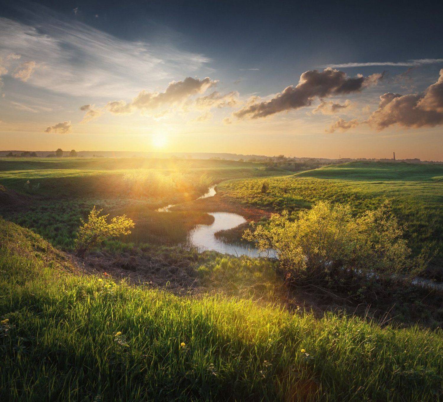 Весна, луг, поле, река, ручей, закат, вечер, холмы., Смольский Евгений