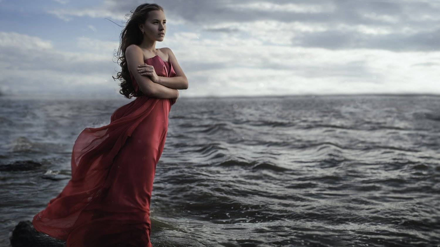 water longdress woman sea wind blue blond sunset rock, Маргарита Жуковкая