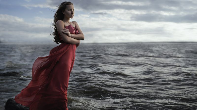 water longdress woman sea wind blue blond sunset rock Breeze фото превью