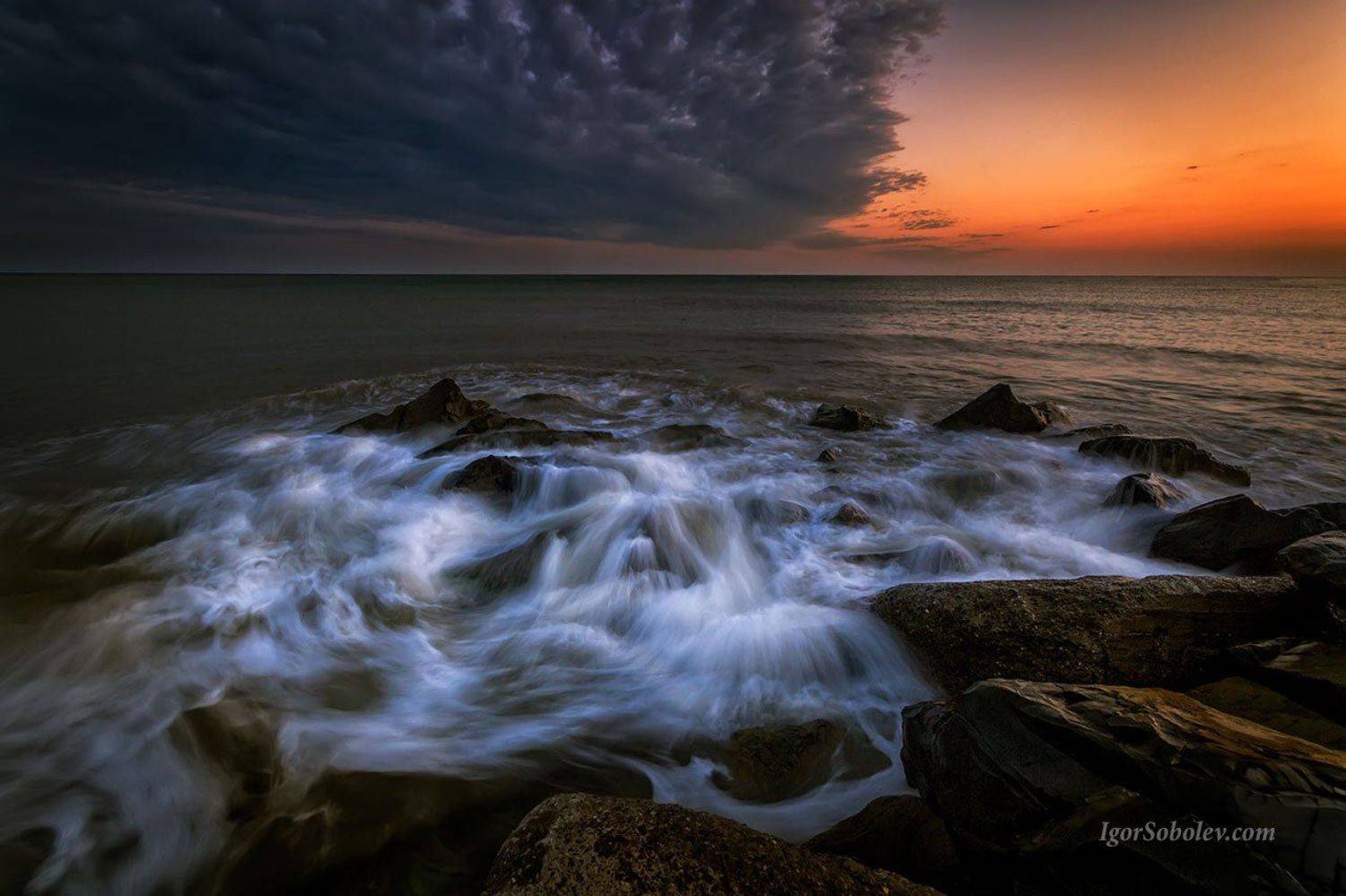 прибой, закат, море, Соболев Игорь