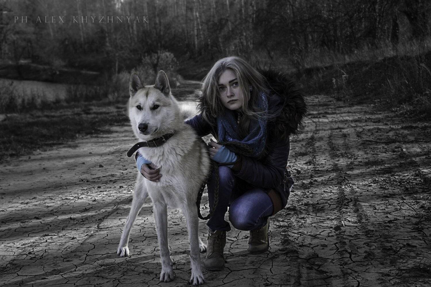 пёс, лайка, девушка, озеро, лес, осень, чернобелое, береза, , Simplici_mortE