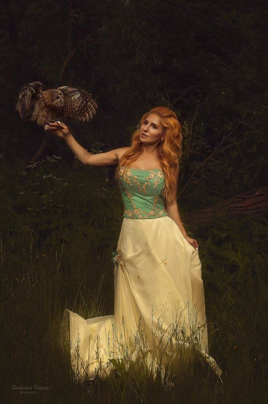 рыжая, сова, девушка, природа, лес рыжая и сова фото превью