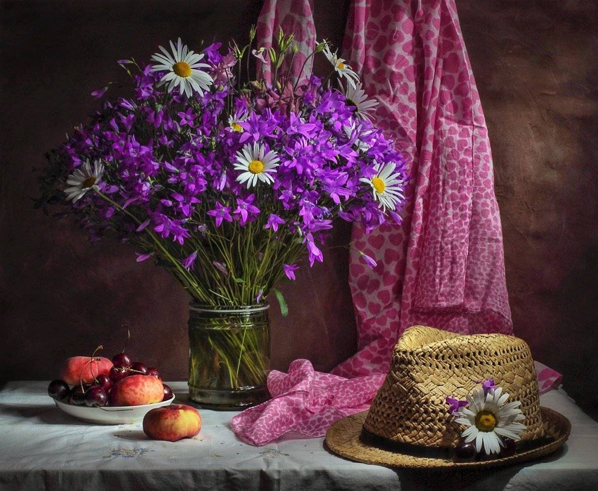 натюрморт,цветы,лето,шляпа,фрукты,, Zadorina Svetlana