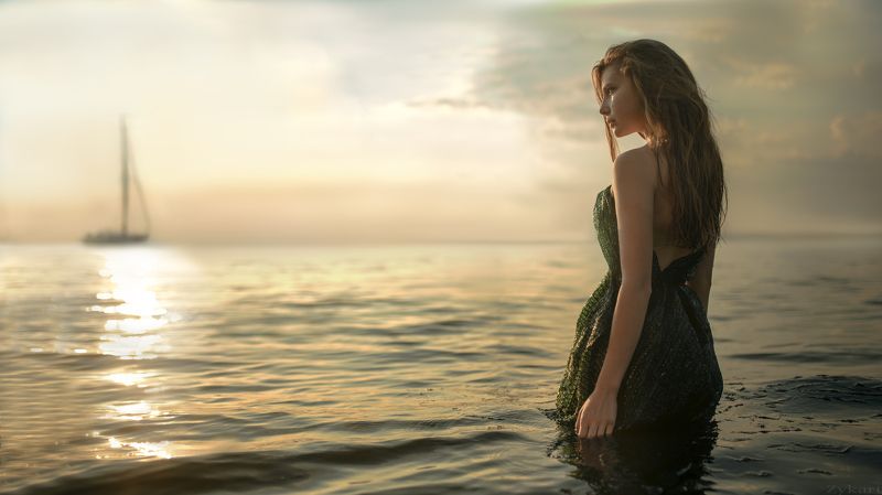 девушка, вода, волны, небо, корабль, закат, фото_недели, фото_дня, girl, water, sunset, ship, waves, wet, hair, best, best, of, the, weak  фото превью