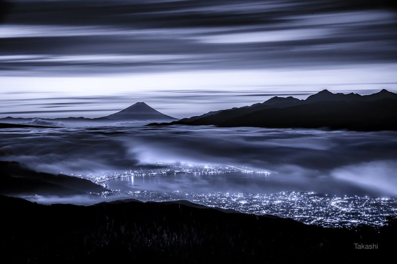 fuji,japan,mountain,clouds,sky,lake,night,wonderful,amazing, Dawn in blue (blue ink version) фото превью