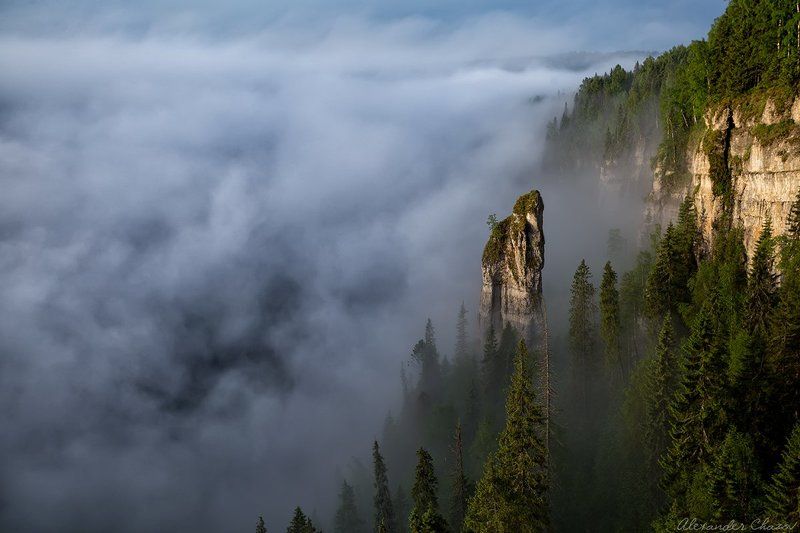 туман, лес, тайга, урал, скала, россия, пейзаж, природа Туман фото превью